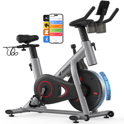MERACH Exercise Bike, Brake Pad & Magnetic Stationary Indoor Cycling Bike, 270 lb Capacity, Low Noise, App Compatible, Dumbbell Rack, Fitness Courses for Weight Loss