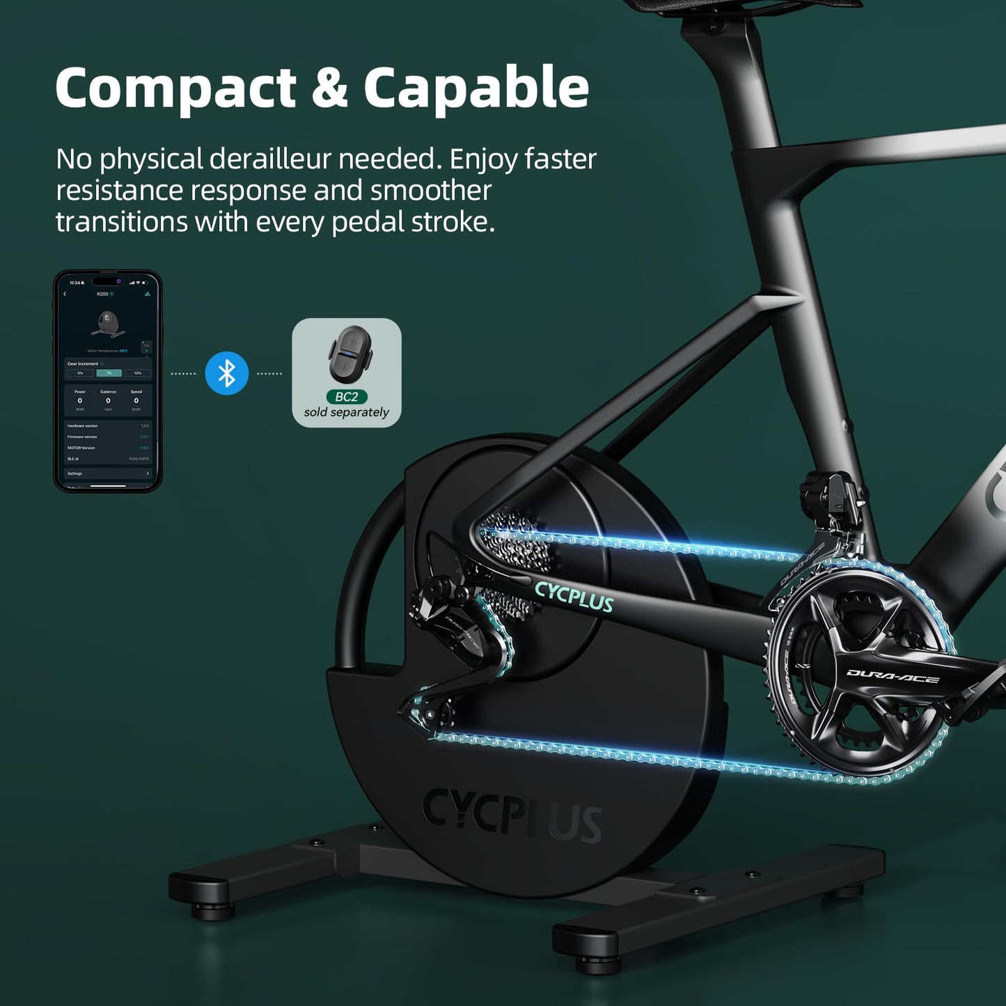 CYCPLUS R200 Smart Indoor Bike Trainer, 2200W Brushless Motor, 19% Gradient Simulator, Virtual Shifting, Uphill/Downhill Simulation, Super Silent (Cassette Not Included)