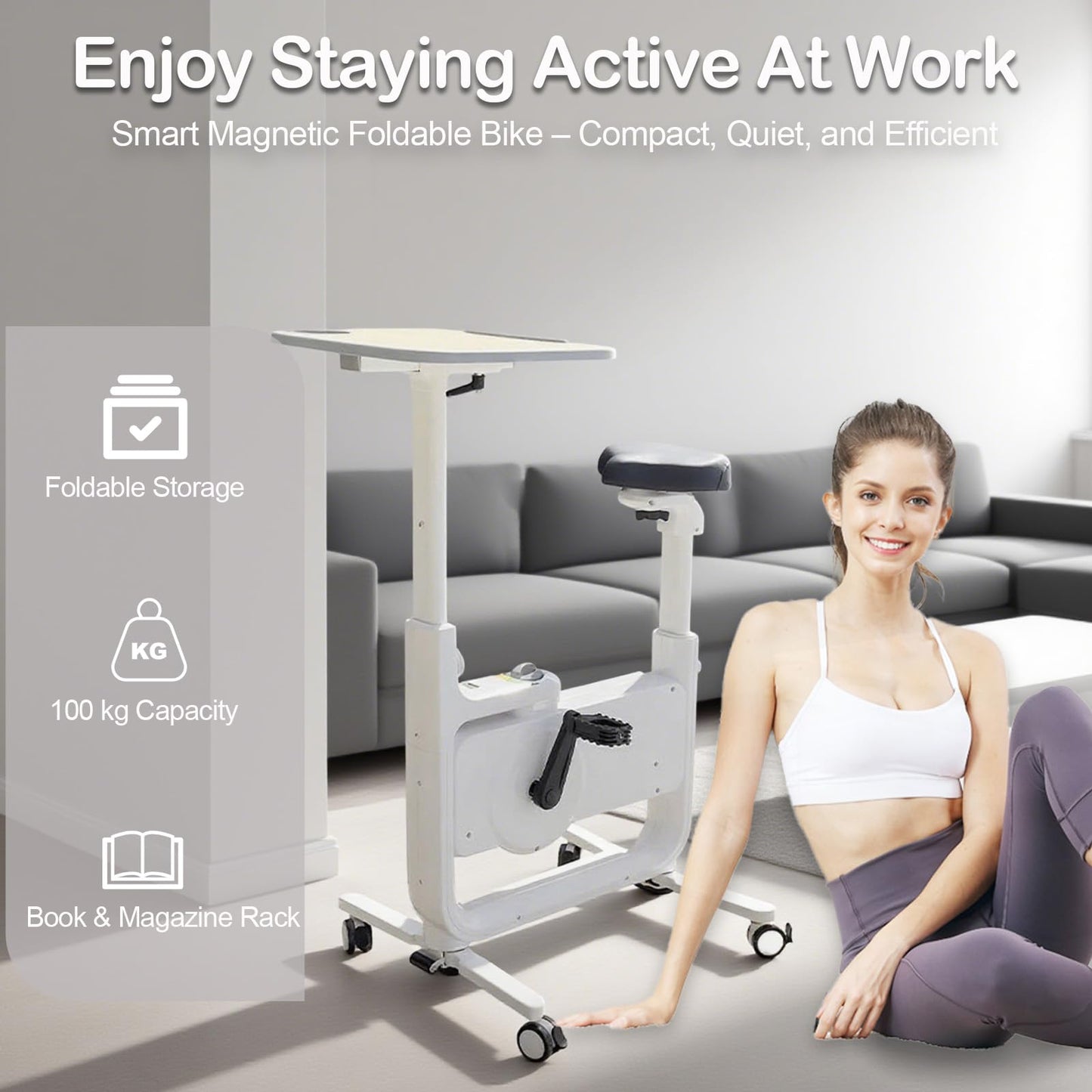 All-in-One Foldable Under Desk Exercise Bike, 300 lb Capacity, Adjustable Resistance, LCD Display, Seat & Desktop, Portable Stationary Bike for Home