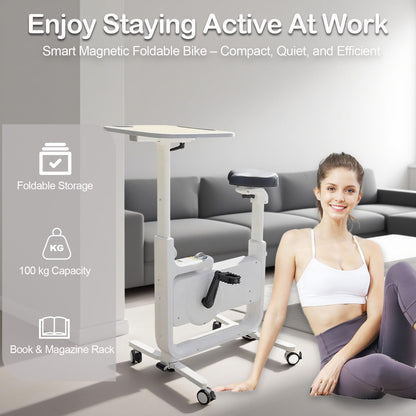 All-in-One Foldable Under Desk Exercise Bike, 300 lb Capacity, Adjustable Resistance, LCD Display, Seat & Desktop, Portable Stationary Bike for Home