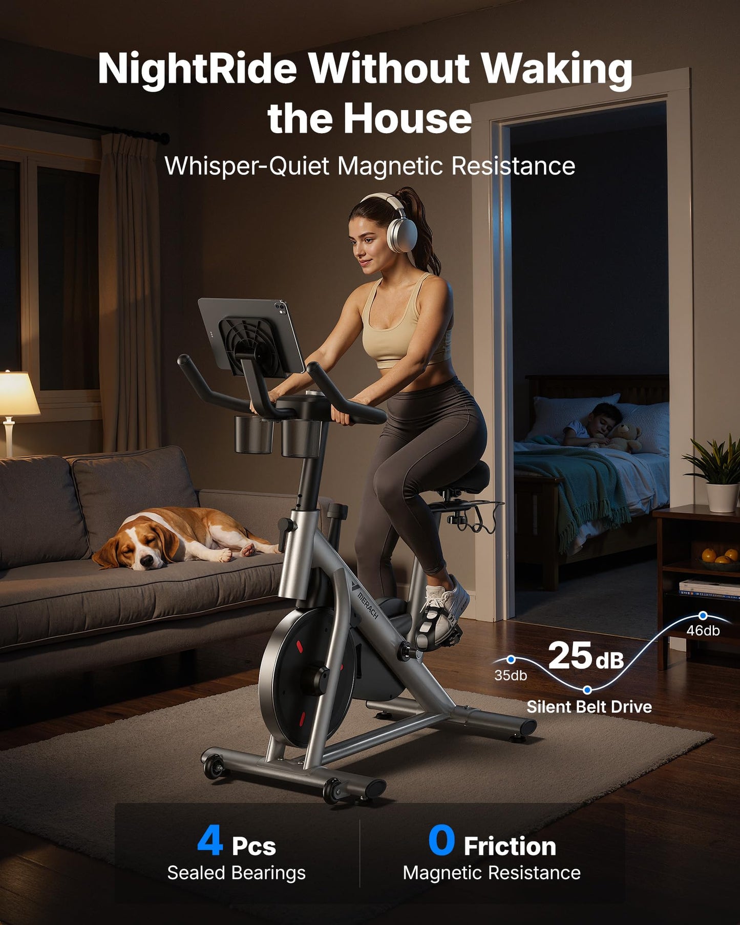 MERACH Exercise Bike, Brake Pad & Magnetic Stationary Indoor Cycling Bike, 270 lb Capacity, Low Noise, App Compatible, Dumbbell Rack, Fitness Courses for Weight Loss