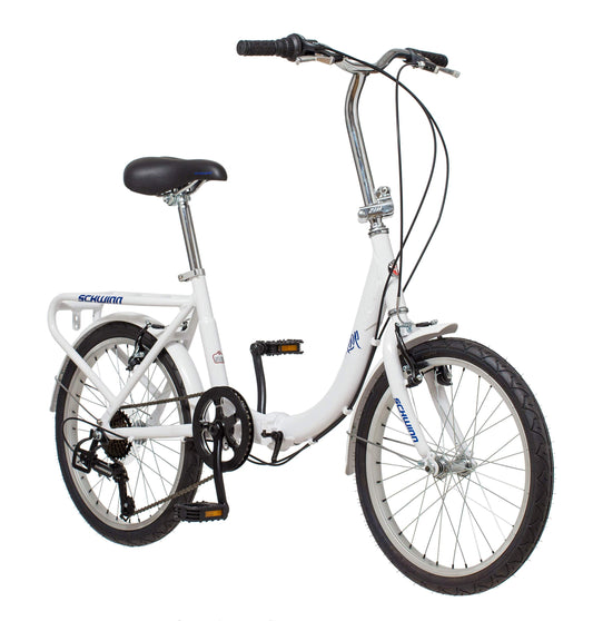 Schwinn Loop Adult Folding Bike, 20" Wheels, 7-Speed, Rear Cargo Rack, Carrying Bag Included, White, Men & Women