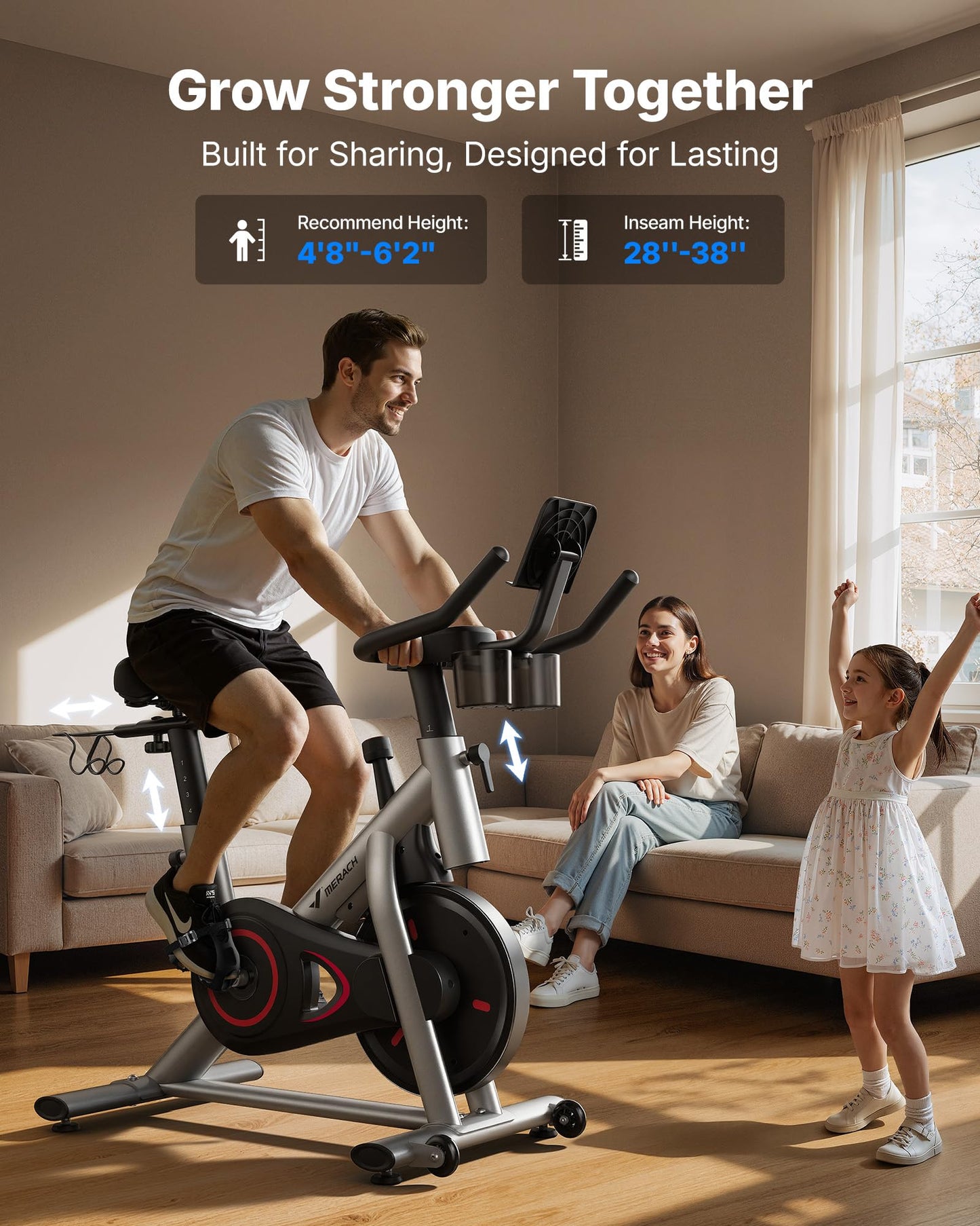 MERACH Exercise Bike, Brake Pad & Magnetic Stationary Indoor Cycling Bike, 270 lb Capacity, Low Noise, App Compatible, Dumbbell Rack, Fitness Courses for Weight Loss